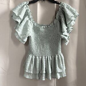 A Calin Womens Top Medium Green Tiered Flutter Sleeve Milkmaid Boho Boho 18250